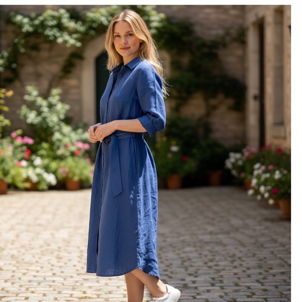 Boden Blue Linen Shirt Dress Midi Belted Button Front 3/4 Sleeve Womens